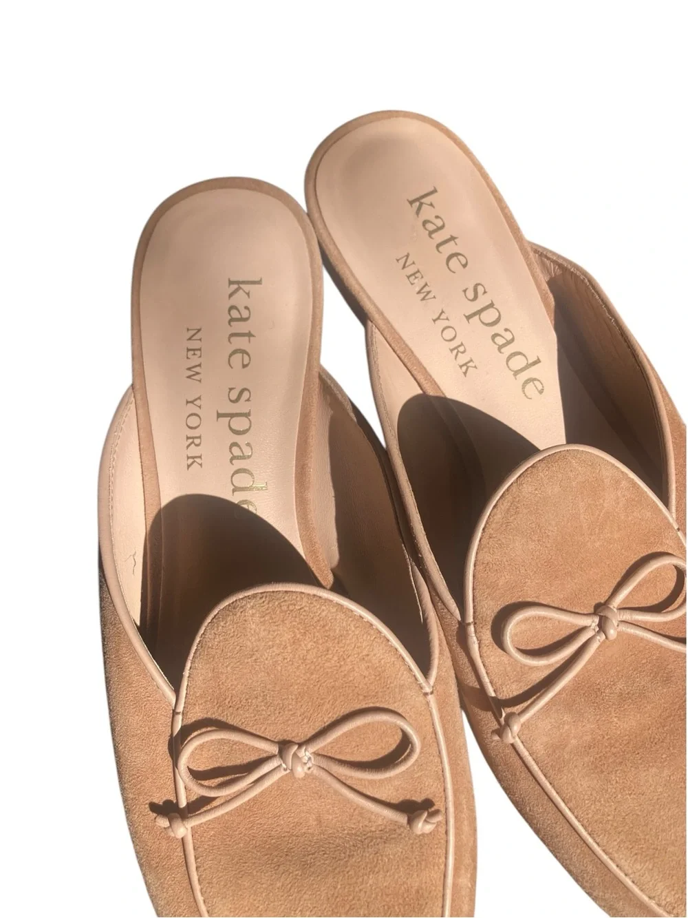 Kate Spade Devi Suede Bow Mules Size 9.5 Tan Beige Slip On Flats